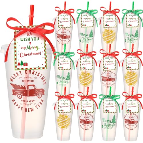 Mimorou 12 Set Christmas Cup Gifts Bulk Coffee Gift Card Holder with Cards Clear Plastic Tumblers with Lid Straw Thank You Cards Christmas Party Favors for Xmas Gift Teacher Coworker Festive - Image 1
