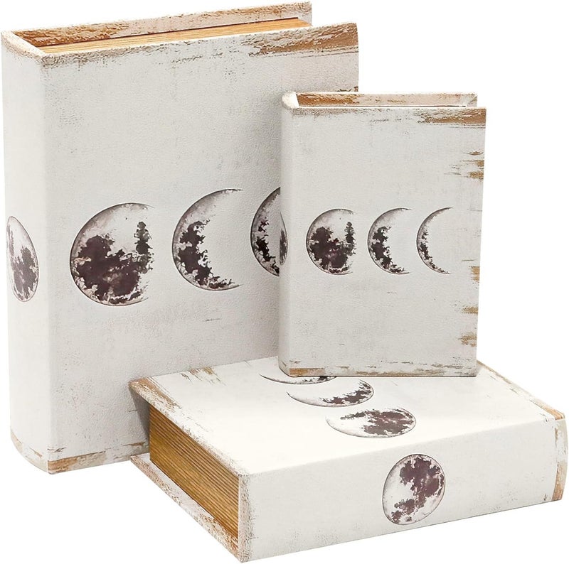 Jolitac Decorative Book Boxes Vintage Style Fake Book Set of 3 Storage Organizers in 11 9 5 Heights for Jewelry Trinket Wedding Memories Hobby Keepsake Moon