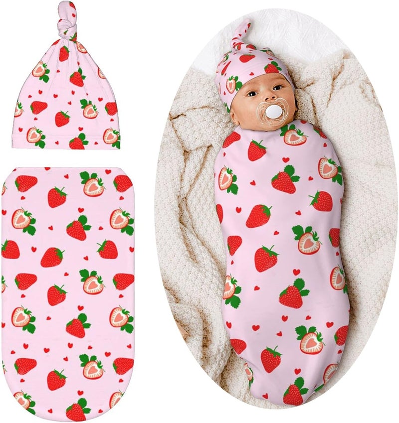 Lcokin Swaddle Blanket Strawberry Baby Stuff Newborn Baby Swaddling Blanket Sleep Sack with Beanie Hat Sets for Boys Girls Infant and Baby Shower Unisex - Image 1