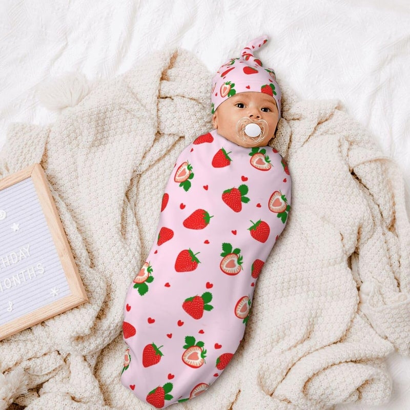 Lcokin Swaddle Blanket Strawberry Baby Stuff Newborn Baby Swaddling Blanket Sleep Sack with Beanie Hat Sets for Boys Girls Infant and Baby Shower Unisex - Image 2
