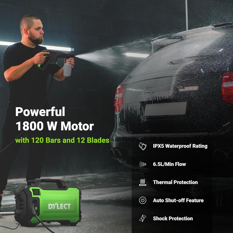 DYLECT Ultra Clean Plus High Pressure Car Washer Pump 1800 Watts Motor 120 Bars Pressure 65LMin Flow Rate 5m Outlet Hose Portable for Bike and Home Cleaning Includes 11 Accessories - Image 2