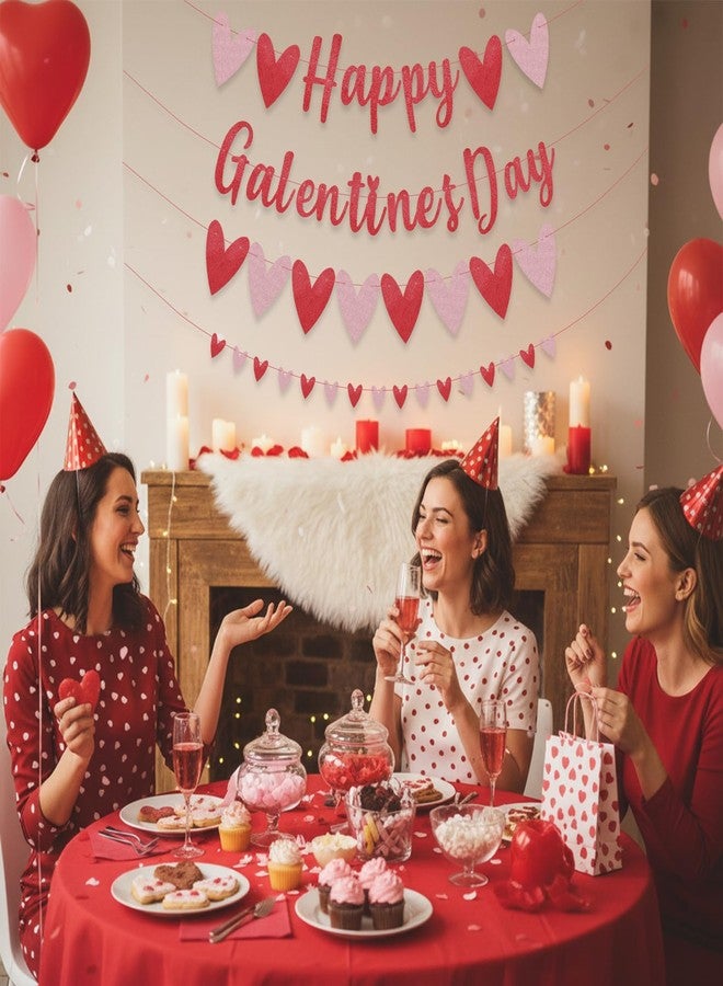 Zeptrix Happy Galentines Day Banner Decorations Red Pink Glittery Garland Banner Romantic Galentines Day Heart Decorations No DIY Galentine's Bunting Photo Props Party Favors Ladies Galentine Theme Decor - Image 4