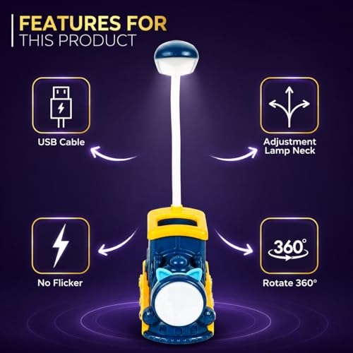 Lexton Train Engine Kids Study Table Lamp | Eye-Friendly LED Reading Light with Adjustable Neck | USB Cable & 360° Rotation | Cute Desk Lamp for Children Bedroom, Study Table, Night Reading & Gifting - Image 3