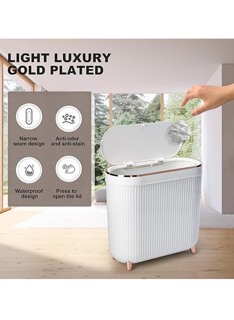 عربست 1 قطعة سلة قمامة سعة 12 لتر مزودة بقدم، سلة قمامة للحمام، سلة قمامة جانبية ذهبية مقاومة للماء مع أغطية، مستلزمات منزلية ومكتبية (أبيض) (خمس لفات إضافية من أكياس القمامة) - Image 2