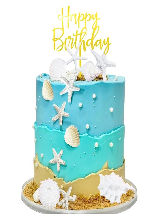 DiDida Beach Cake Topper Sea Shell Starfish Happy Birthday Sign for Ocean Sea Beach Theme Cake - Image 2