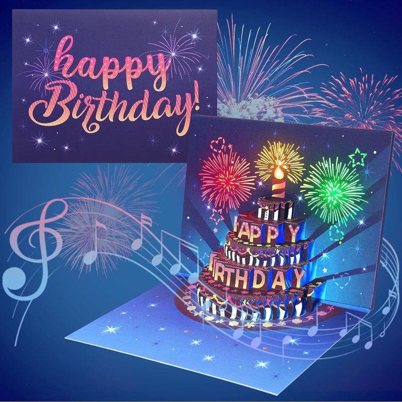 بطاقة عيد ميلاد سعيد ثلاثية الأبعاد من ALMEKAQUZ مع أضواء وأصوات، تصميم عرض ضوئي للألعاب النارية، بطاقة تهنئة فاخرة مع ظرف، تصميم مخصص، هدية عيد ميلاد للزوج، الزوجة، الطفل - Image 4