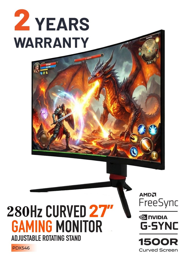 porodo 27-inch Curve Gaming Monitor, FHD 280Hz Refresh Rate, 5ms Response Time, G-Sync Compatible, 1500R Curved Screen, AMD FreeSync Monitor with Rotating Stand, with RGB Lighting, Borderless - Black - Image 1