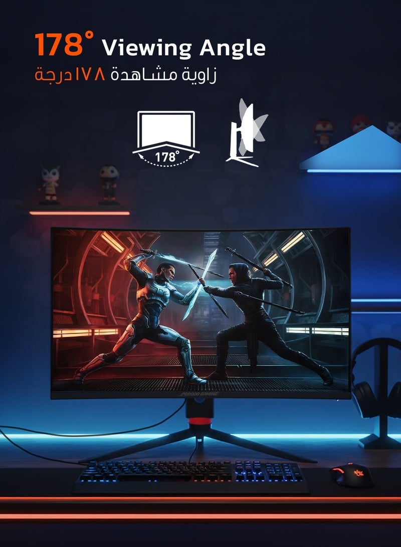 porodo 27-inch Curve Gaming Monitor, FHD 280Hz Refresh Rate, 5ms Response Time, G-Sync Compatible, 1500R Curved Screen, AMD FreeSync Monitor with Rotating Stand, with RGB Lighting, Borderless - Black - Image 4