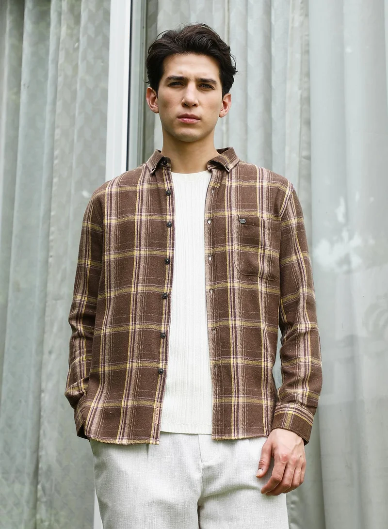 Campus Sutra Men's Brown Plaid Cotton Blend Full Sleeve Shirt