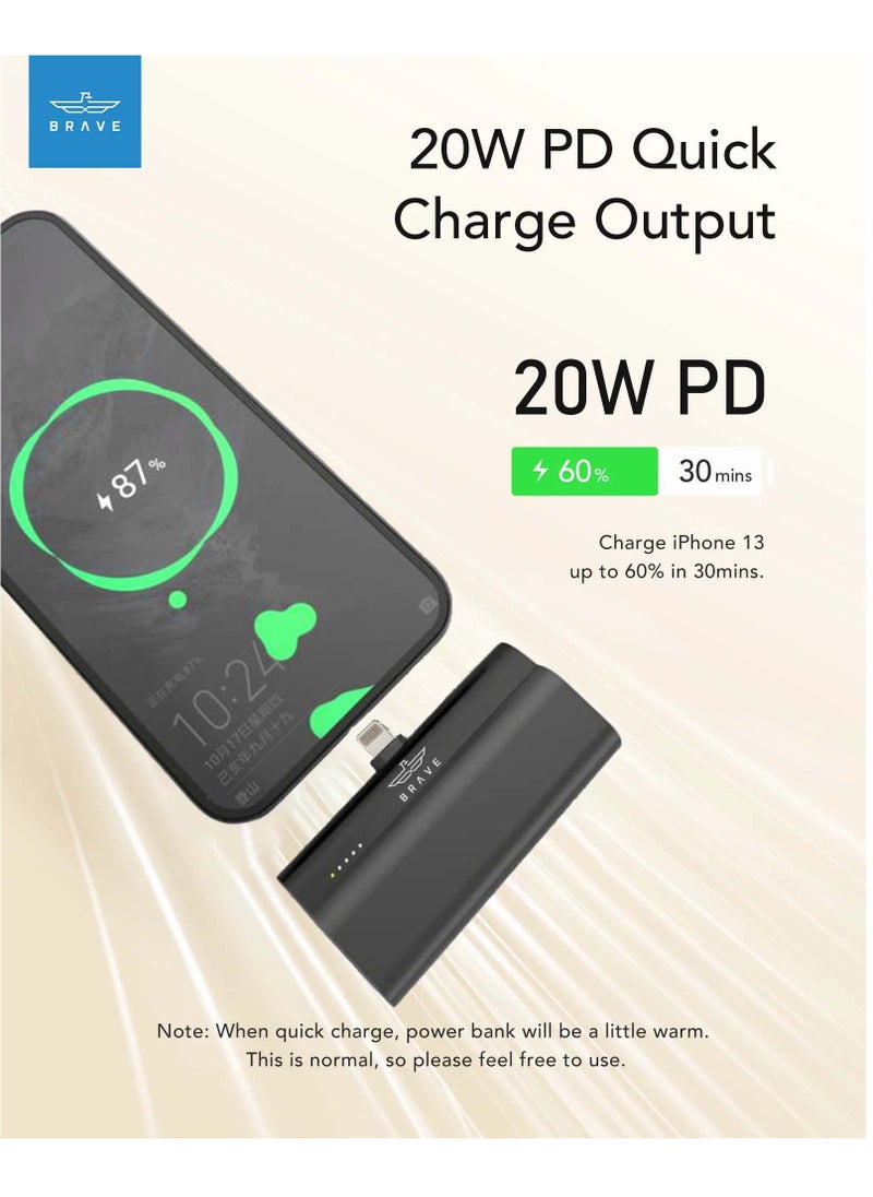 Brave 5000mAh Small Power Bank,20W PD Quick Charge Portable Charger Battery Pack for iPhone 14 Pro Max/13 Pro/13 Pro Max/12 Pro/12 Pro Max/11 Pro/XR/X/8/7/6/Plus etc. (Black)  - Image 2