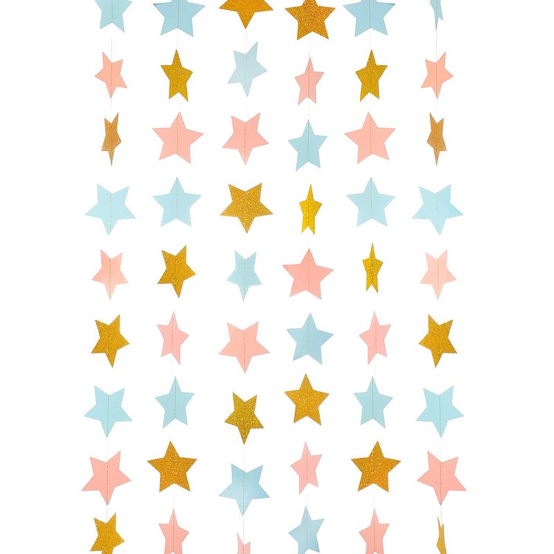 WEVEN Pink Blue Gold Star Garland Glitter Paper Streamers Twinkle Star Banner for Baby Shower Nursery Boy or Girl Gender Reveal Party Decorations 3 in Diameter 20 Feet in Total