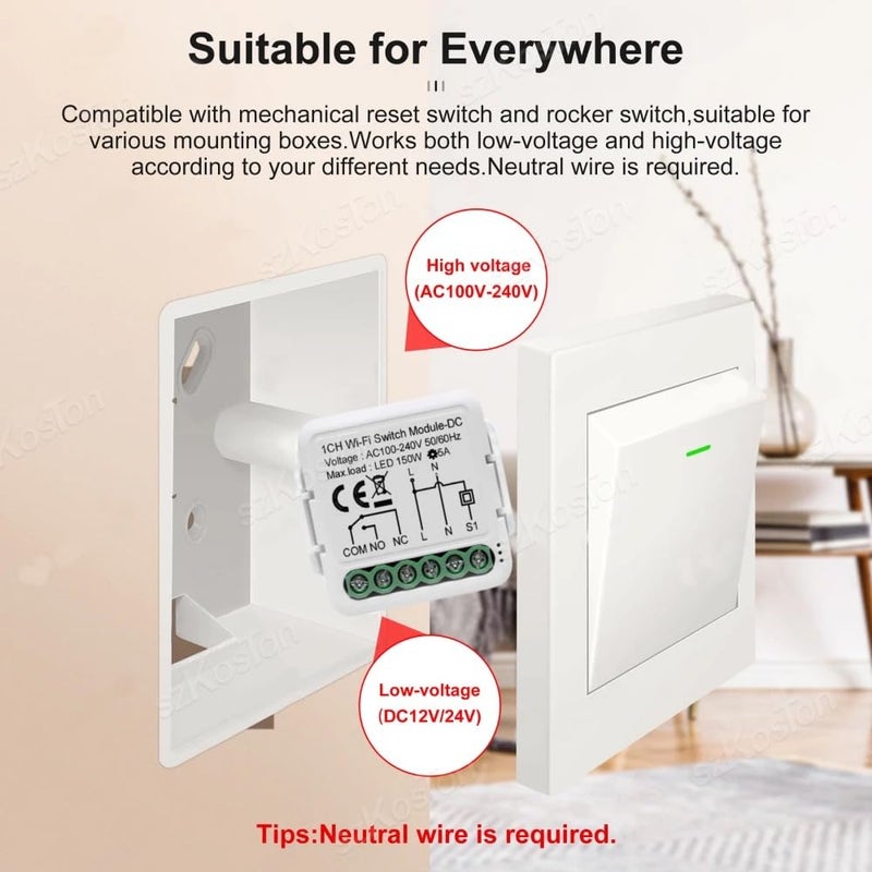 1-way 110V Smart Life Tuya App WiFi Relay, 2.4G WiFi, Flame Retardant PC Material, AC100-240V 50-60Hz, 50W Rated Power, Neutral & Live Wire Wiring, Overload Protection, Remote Voice Control, Manual Mobile APP Control, Home Use, 1 x On-Off Switch - Image 3