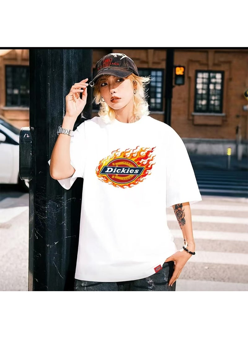 Dickies Red Flame Logo Print Loose Versatile White T-shirt Size 2XL - Image 1