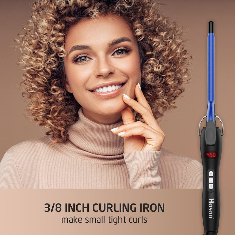 Hoson 9mm Thin Curling Iron Ceramic, 3/8 Inch Small Barrel Curling Wand for Long & Short Hair, LCD Dispaly with 9 Heat Setting Include Glove(Blue) - Image 2