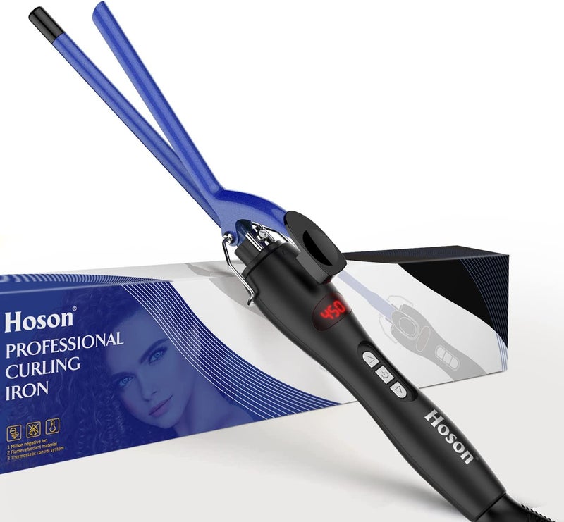 Hoson 9mm Thin Curling Iron Ceramic, 3/8 Inch Small Barrel Curling Wand for Long & Short Hair, LCD Dispaly with 9 Heat Setting Include Glove(Blue) - Image 1