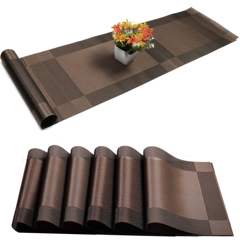 Placemats with Table Runner Sets Place Mats Woven Crossweave Vinyl Kitchen Tablemat Washable PVC Mats for Dining Table Parties Farmhouse Thanksgiving Christmas  Gathering Brown