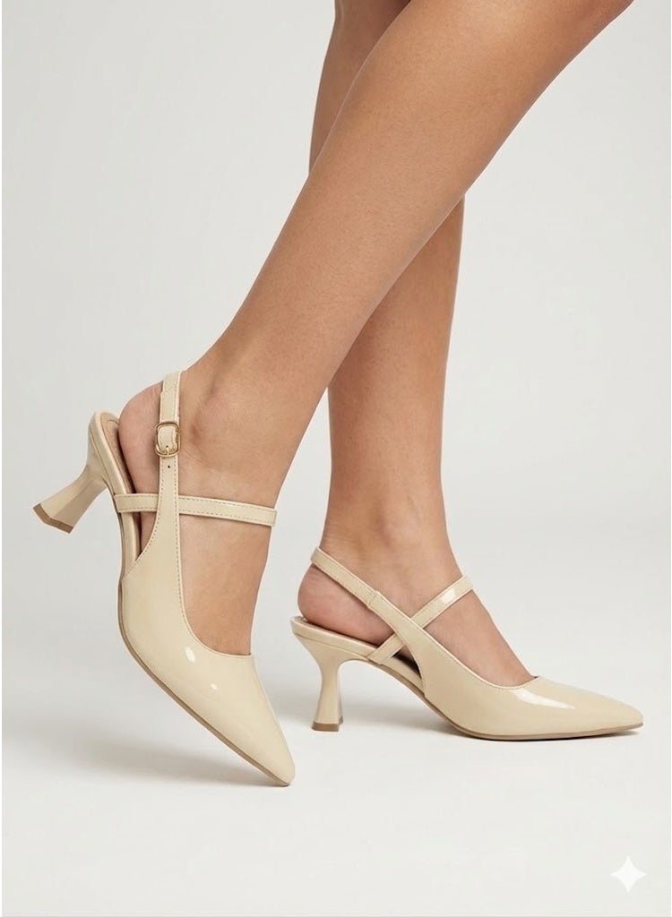 لايف ستيلاش  أحذية كعب جلدية لامعه بأبزيم F-614 - بيج - Image 1