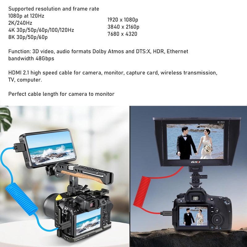 كابل Micro HDMI 4K 8K Ultra HD لـ Sony A6700 A7C Canon EOS R5 R7 GH4 X-T30II Z50 Camera ATOMOS Ninja V Portkeys Monitor، النوع A إلى D HDMI2.1 بربطانة برتقالية ملفوف 30 سم - Image 4