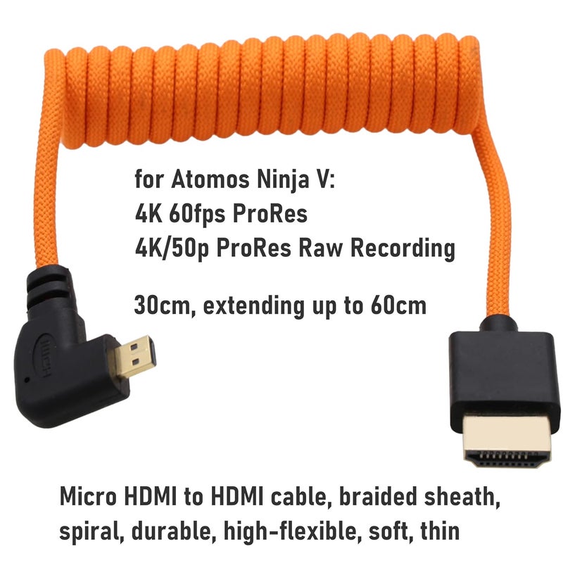 كابل Micro HDMI 4K 8K Ultra HD لـ Sony A6700 A7C Canon EOS R5 R7 GH4 X-T30II Z50 Camera ATOMOS Ninja V Portkeys Monitor، النوع A إلى D HDMI2.1 بربطانة برتقالية ملفوف 30 سم - Image 3