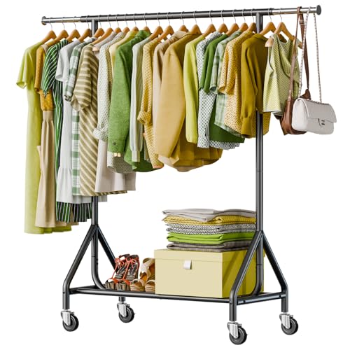 Holiwei Clothes Rack Load 450 LBS Heavy Duty Garment Rack Standing Rolling Metal Hanging Clothes with Sturdy Wheels Shelves Black - Image 1