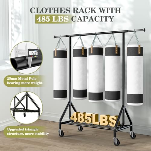 Holiwei Clothes Rack Load 450 LBS Heavy Duty Garment Rack Standing Rolling Metal Hanging Clothes with Sturdy Wheels Shelves Black - Image 3