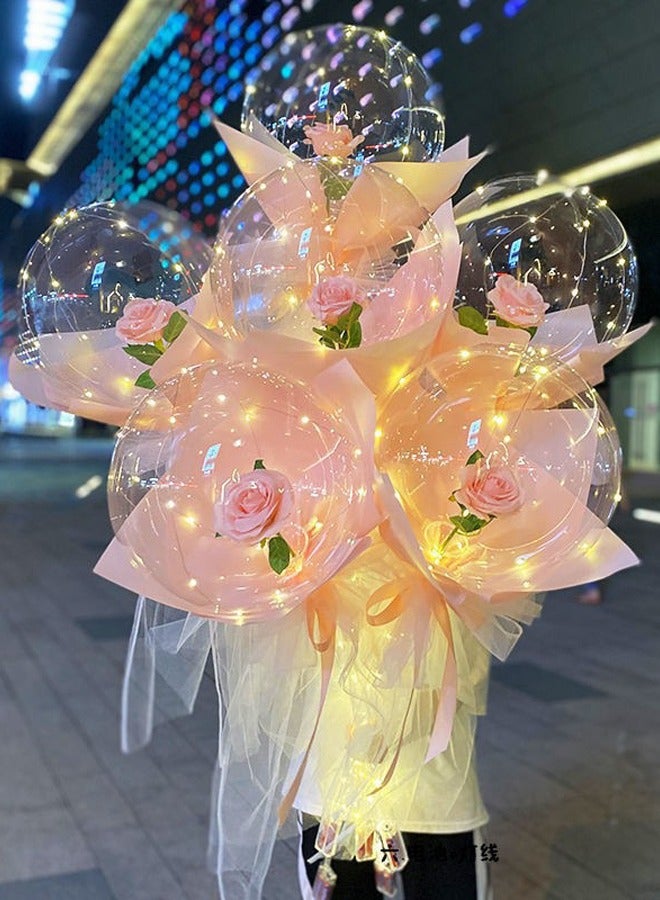 2 Pieces LED Light Rose Balloon Bouquet – Transparent Bobo Balloon with Pink Wrap, Tulle, Ribbon – Gift for Birthday, Wedding, Valentine’s, Party Decoration - Image 1