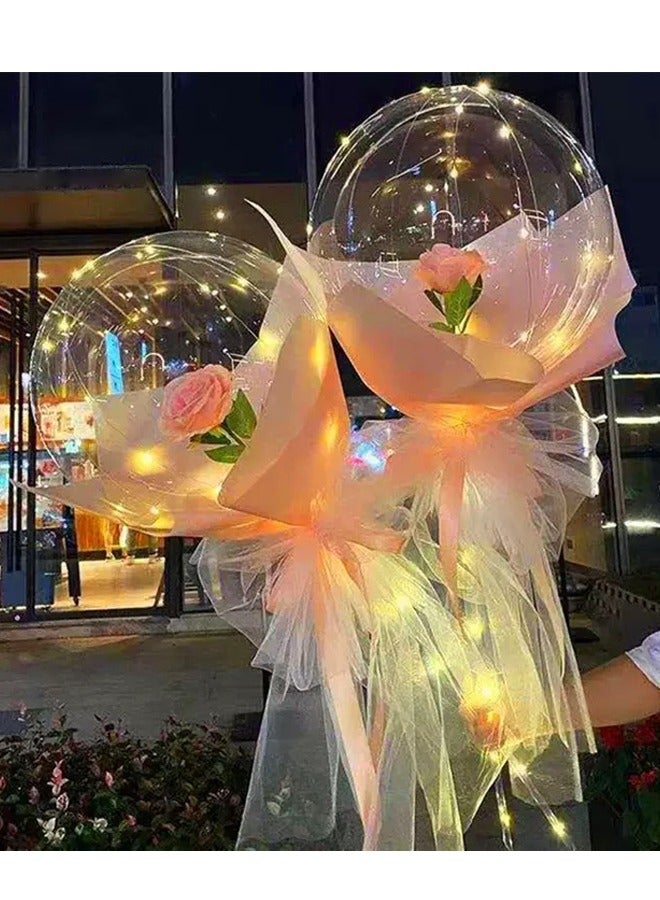 2 Pieces LED Light Rose Balloon Bouquet – Transparent Bobo Balloon with Pink Wrap, Tulle, Ribbon – Gift for Birthday, Wedding, Valentine’s, Party Decoration - Image 2