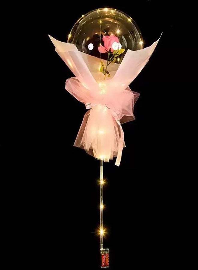 2 Pieces LED Light Rose Balloon Bouquet – Transparent Bobo Balloon with Pink Wrap, Tulle, Ribbon – Gift for Birthday, Wedding, Valentine’s, Party Decoration - Image 3