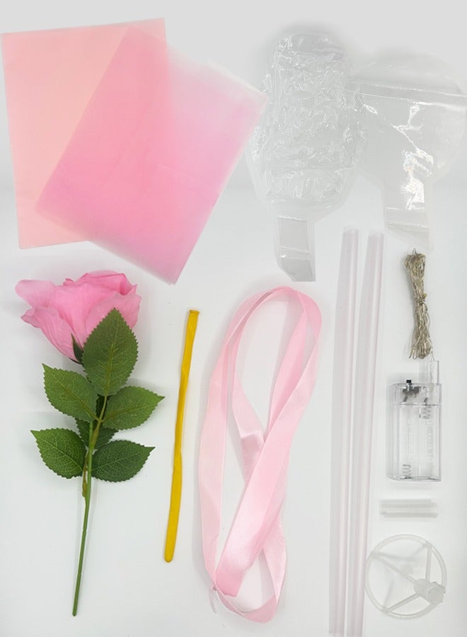 2 Pieces LED Light Rose Balloon Bouquet – Transparent Bobo Balloon with Pink Wrap, Tulle, Ribbon – Gift for Birthday, Wedding, Valentine’s, Party Decoration - Image 4
