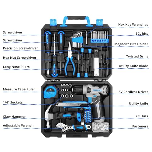 DEKOPRO Drill Set: Tool Set with 8V Blue Cordless Drill, Home Tool Kit with Drill, Hand Tool Kits for Men & Women 126 Piece - Image 2