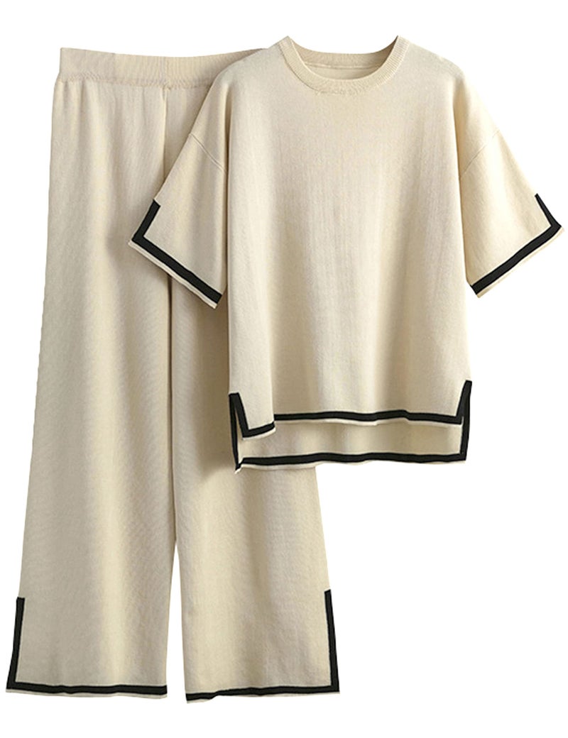 Tanming Sweater Sets Women 2 Piece Lounge Sets Short Sleeve Knit Pullover Tops Wide Leg Pants (Apricot-XL) - Image 1