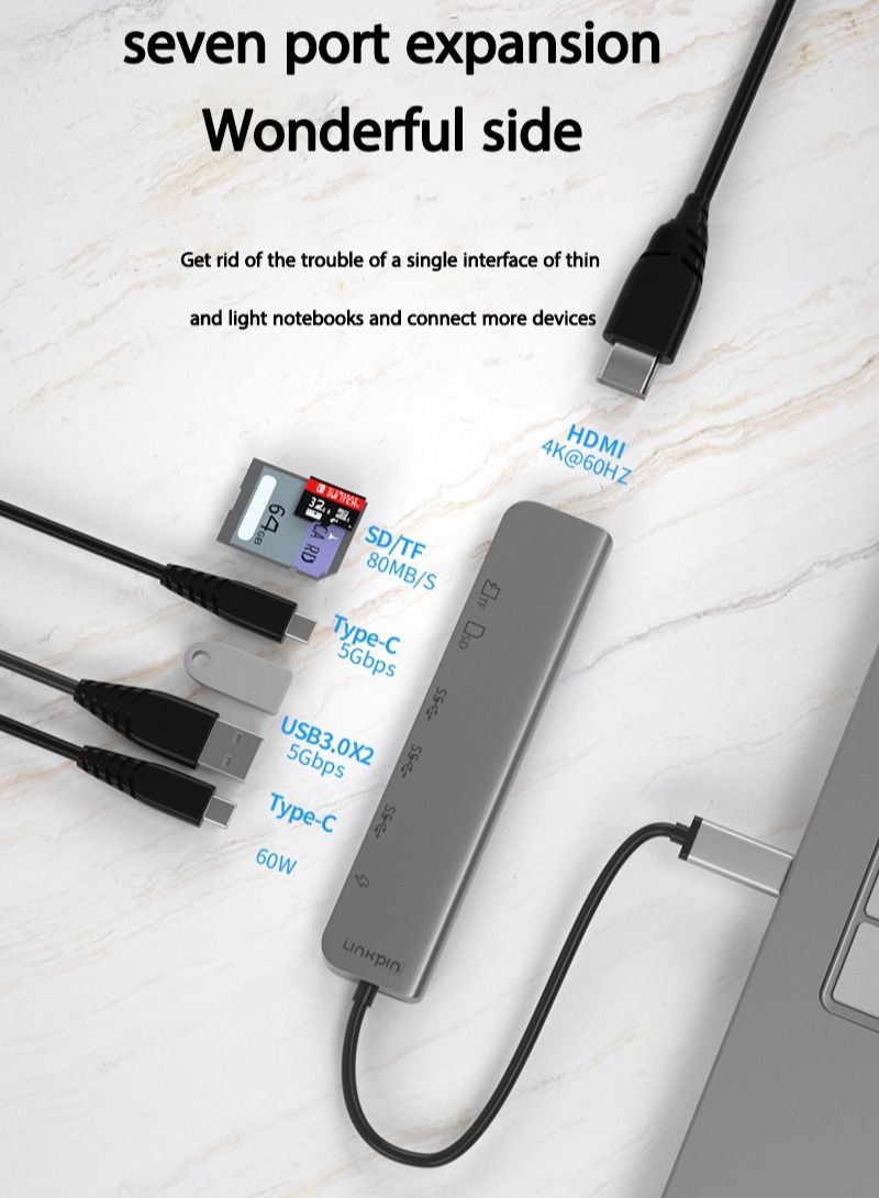 لينكبين 7-in-1 USB C Hub مع 4K @ 60Hz Type C to HDMI Dongle 2 USB3.0 Ports PD100W Power Delivery SD TF Card Slot Reader for Notebook MacBook Pro Air XPS iPad - Image 2