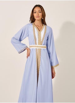 Styli Mesh Insert V-Neck Lace Detail Belted Kaftan  - Image 3
