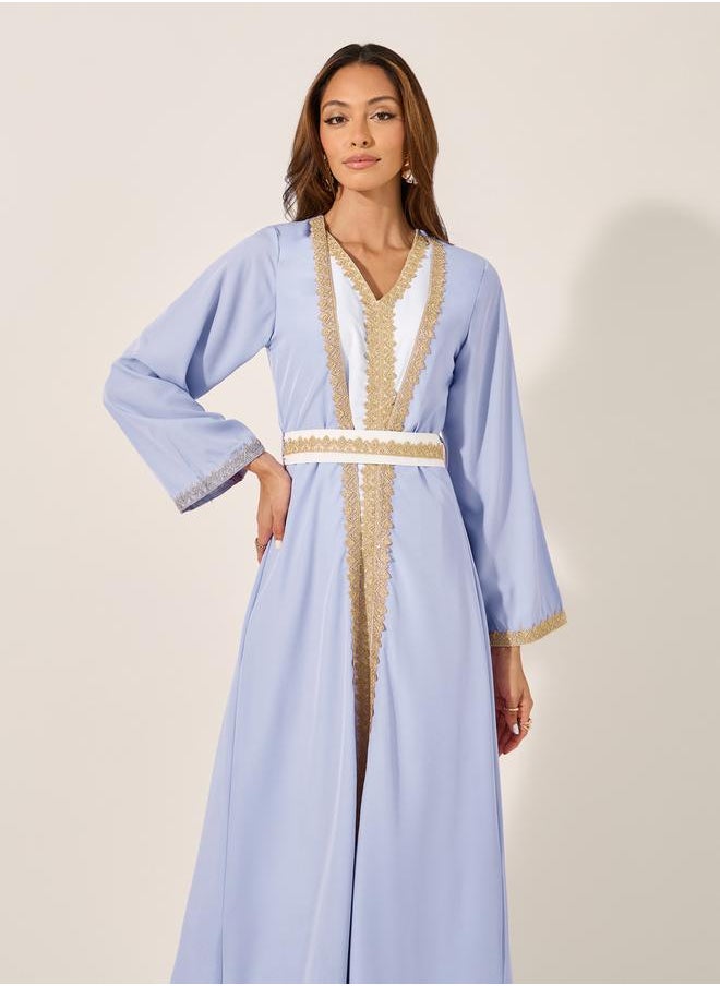 Styli Mesh Insert V-Neck Lace Detail Belted Kaftan  - Image 3