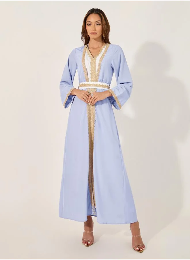 Styli Mesh Insert V-Neck Lace Detail Belted Kaftan