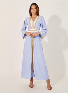 Styli Mesh Insert V-Neck Lace Detail Belted Kaftan  - Image 1