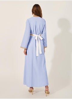 Styli Mesh Insert V-Neck Lace Detail Belted Kaftan  - Image 5