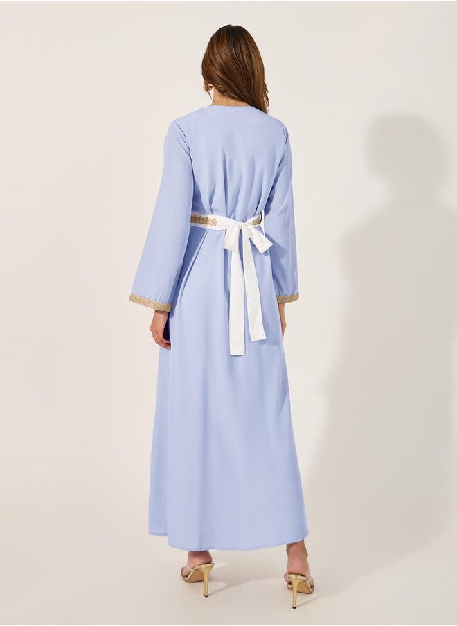 Styli Mesh Insert V-Neck Lace Detail Belted Kaftan  - Image 5