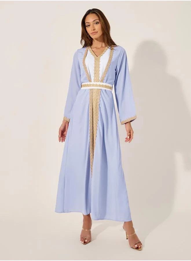 Styli Mesh Insert V-Neck Lace Detail Belted Kaftan