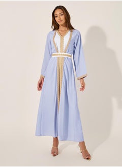 Styli Mesh Insert V-Neck Lace Detail Belted Kaftan  - Image 2