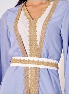 Styli Mesh Insert V-Neck Lace Detail Belted Kaftan  - Image 4