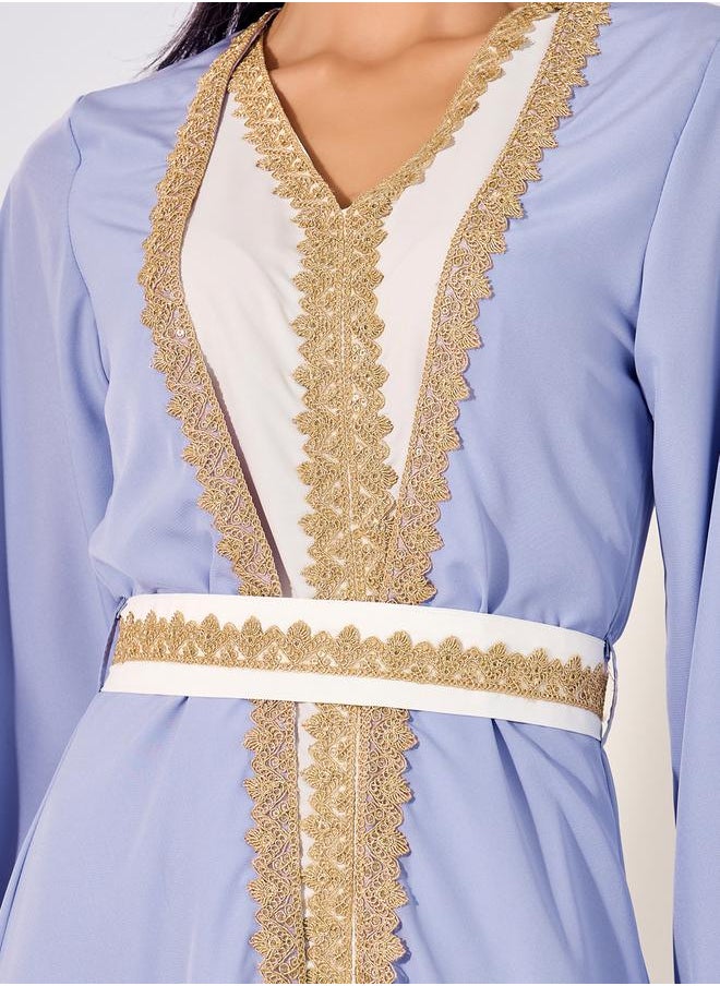 Styli Mesh Insert V-Neck Lace Detail Belted Kaftan  - Image 4