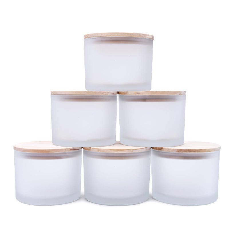 SHOWIN 18 OZ Thick Candle Jars for Making Candles 6 Pcs Empty Jars with Wood Lids for Candle Making Sample ContainerFrosted White