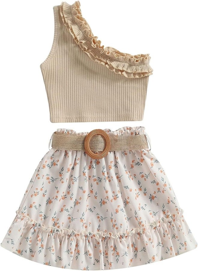 BOIZONTY Toddler Baby Girl Birthday Clothes Ruffle Off Shoulder Crop Tops+ Tutu Floral Skirt Dress with Belt Kids Short Outfit (Beige Floral Skirt Set,6-7 Years) - Image 1