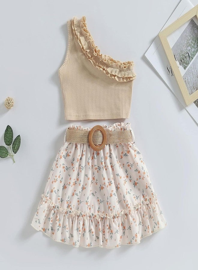 BOIZONTY Toddler Baby Girl Birthday Clothes Ruffle Off Shoulder Crop Tops+ Tutu Floral Skirt Dress with Belt Kids Short Outfit (Beige Floral Skirt Set,6-7 Years) - Image 2