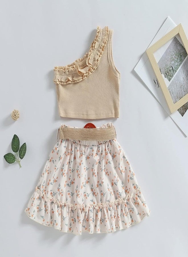 BOIZONTY Toddler Baby Girl Birthday Clothes Ruffle Off Shoulder Crop Tops+ Tutu Floral Skirt Dress with Belt Kids Short Outfit (Beige Floral Skirt Set,6-7 Years) - Image 3