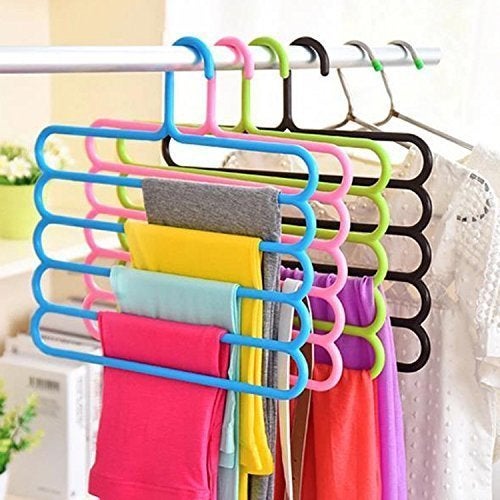 Inditradition 5 Layer Pant Cloth Hanger, Wardrobe Hanger | Space Saving Multi-Layer Design, Assorted Colour, Plastic (Pack of 10) - Image 1