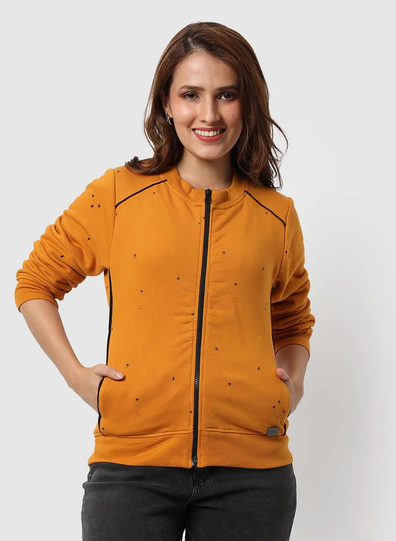 Campus Sutra Women's Yellow Micro Print Hoodie With Contrast Piping For Casual Wear | Low-High Neck | Long Sleeve | Zipper Closure | Cotton Sweatshirt Crafted With Comfort Fit For Everyday Wear
