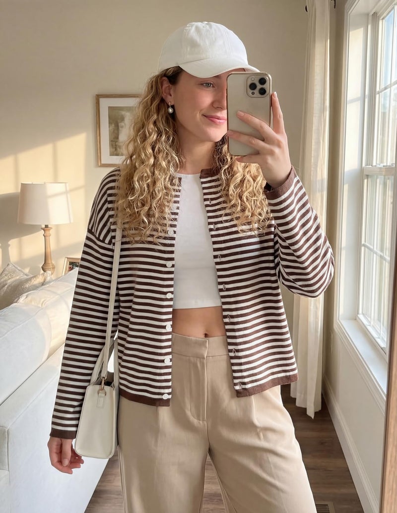 MEROKEETY Womens Striped Cardigan Sweaters 2026 Button Lightweight Long Sleeve Loose Knit Fall Sweater Clothes, Brown, Small - Image 5