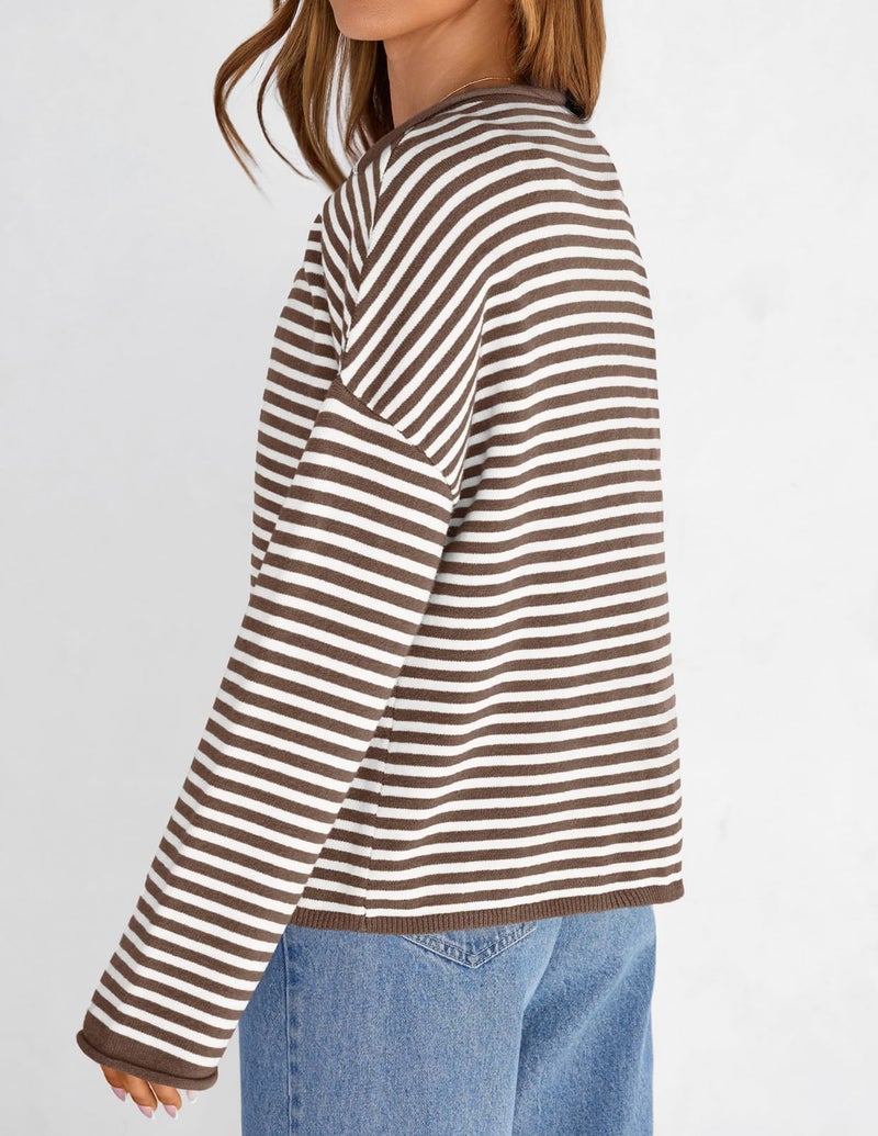 MEROKEETY Womens Striped Cardigan Sweaters 2026 Button Lightweight Long Sleeve Loose Knit Fall Sweater Clothes, Brown, Small - Image 3